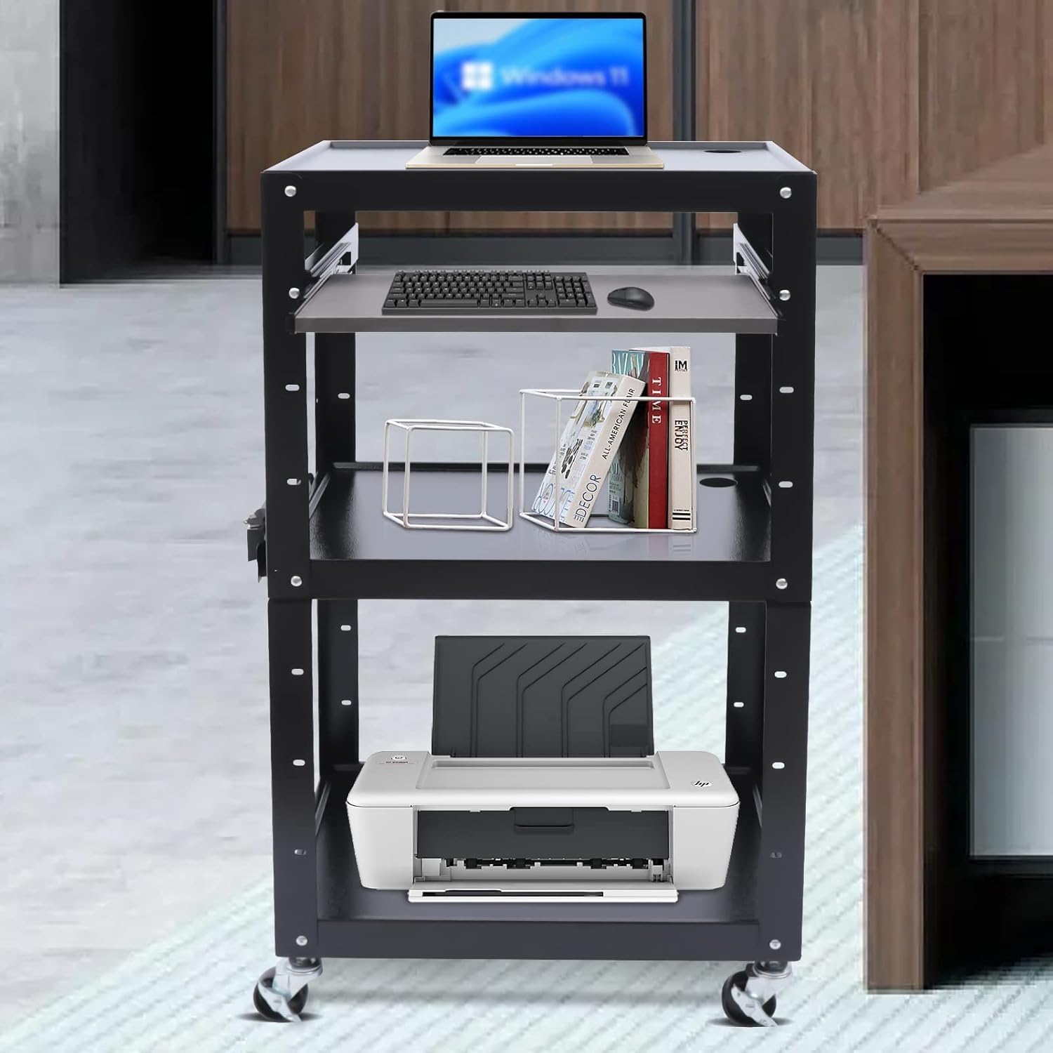 Computer Cart with Wheels,Computer Printer Projector Laptop Tv Cart for Classroom Office, 3 Outlet Power Socket, 2 USB Plug-ins,66Lbs Each Layer