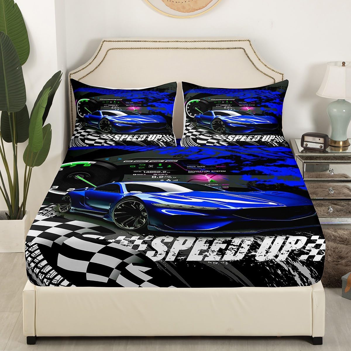 Feelyou Kids Boys & Girls Blue Race Car Bedding Set - Full Sports Car Bed Sheet Set - Buffalo Plaid Bed Cover & 2 Pillow Cases