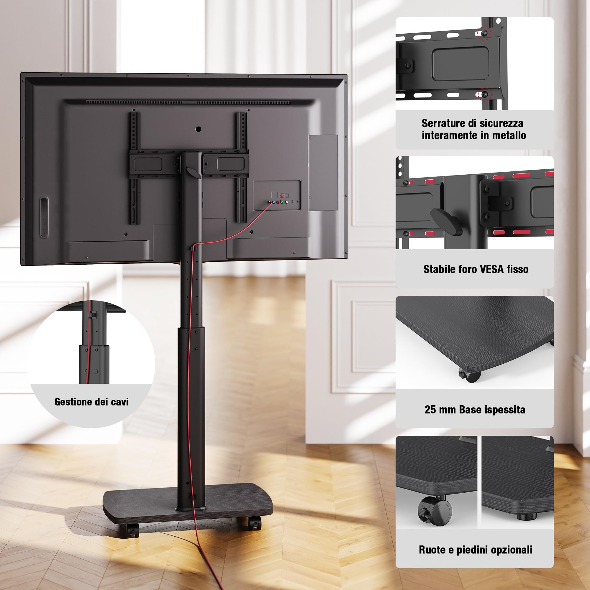 AOKCOS Carrello Porta TV con Ruote per 32-65 Pollici, Orizzontale e Verticale Supporto TV da Pavimento con Base in Legno, Inclinabile e Regolabile in Altezza, Max VESA 400x400mm 30kg (Nero)