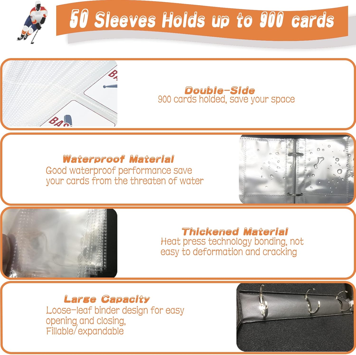 Hockey Card Binder, Trading Card Binder 9 Pocket with 50 Removable Sleeves Fits 900 Sport Cards, 3 Ring Card Holder Binder with Zipper, Collector Storage Album