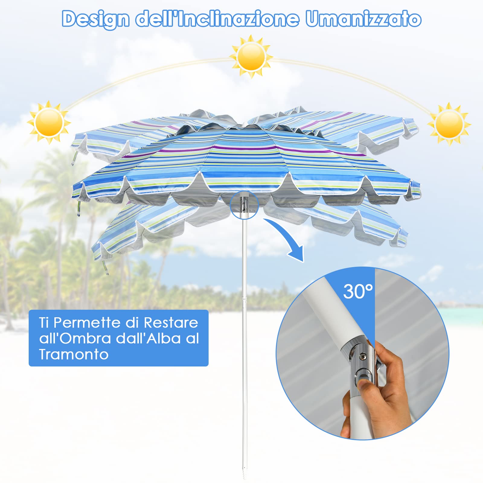 RELAX4LIFE Ombrellone da Spiaggia e Esterno 2,43M, Tettuccio Inclinabile, Protezione Solare UV50+, Telaio a 16 Stecche in Fibra di Vetro, Base non Inclusa, per Mare/Giardino/Campeggio (Righe Fini)
