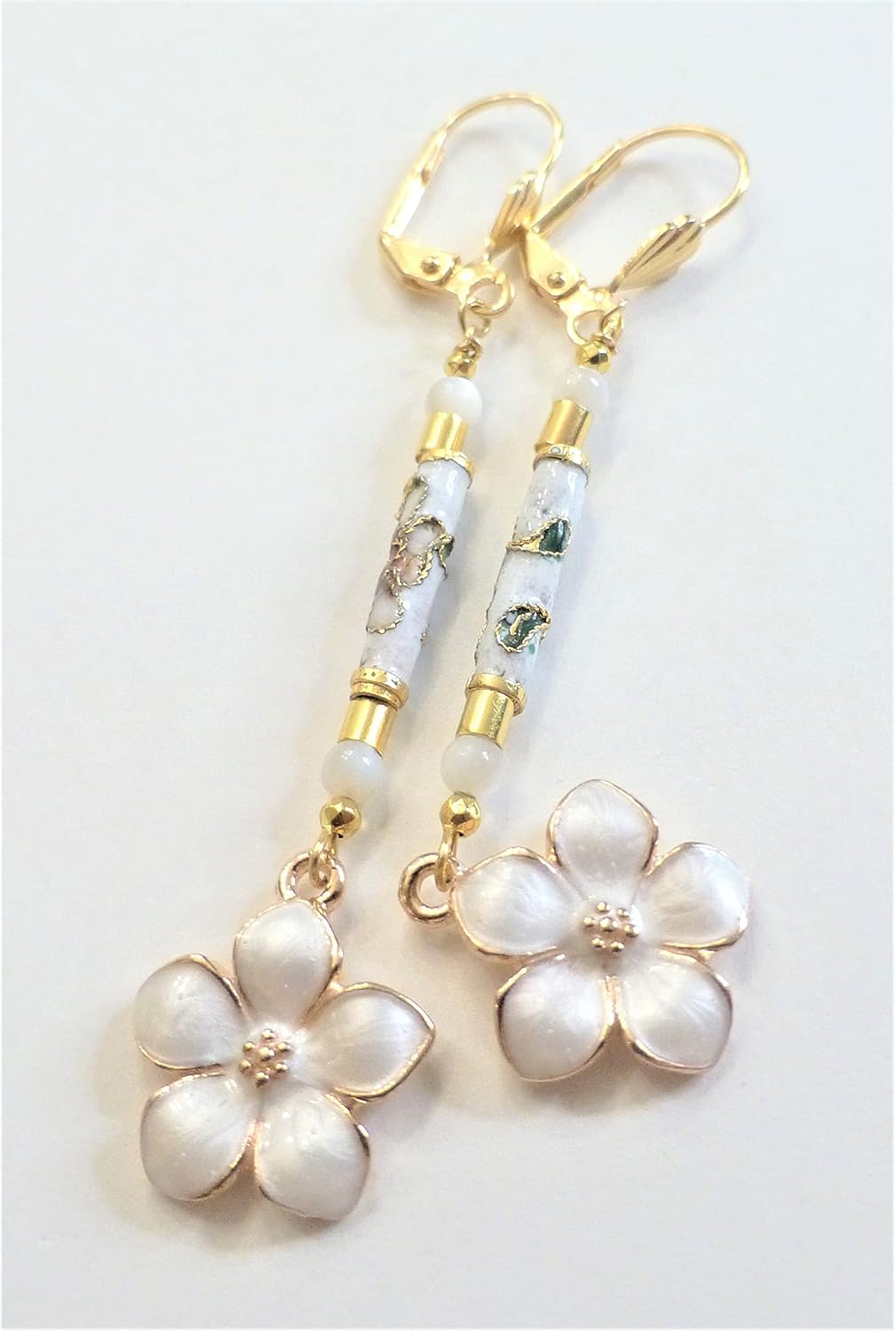 White Enamel Dangle Flower Earrings White Flower Charm Earrings Cloisonn'e Earrings