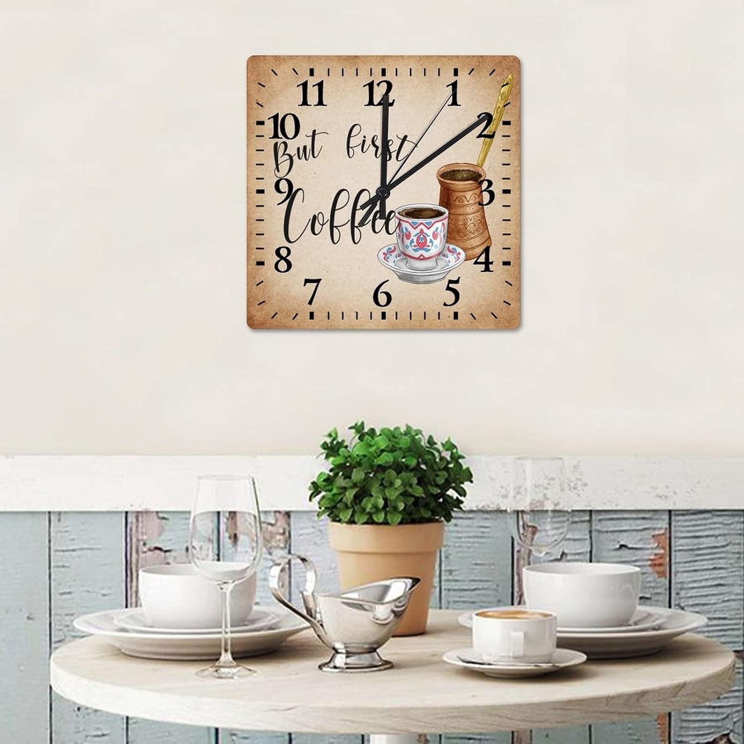 Wood Wall Clocks But First Coffee Office Clock Silent Non-Ticking Quartz Battery Operated Arabic Numbers Coffee Bar Square Clock for Farmhouse Home Decoration 15 Inch