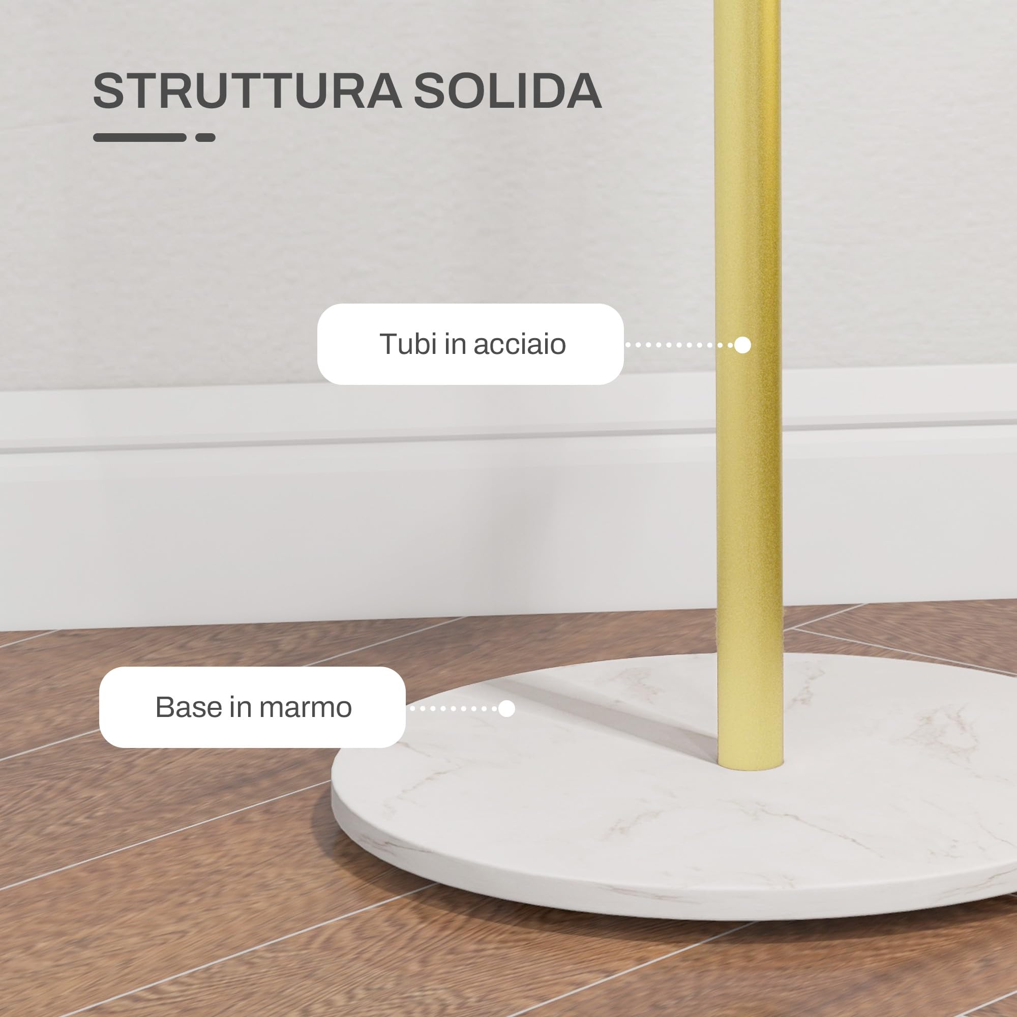 HOMCOM Appendiabiti da Terra Autoportante con 8 Ganci Ø32 x 164 cm Dorato | Base in Marmo, Attaccapanni in Acciaio, per Ingresso e Camera