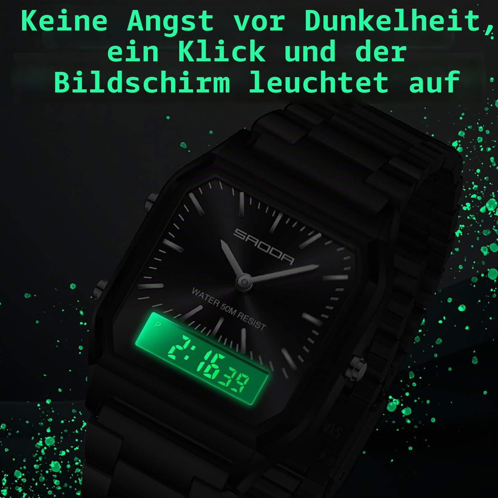findtime Uhren Damen Herren Retro Business Klassische Quadratische Armbanduhr Edelstahlarmband Analog Digital 5ATM Wasserdicht LED Datum Wochentag DREI Zeitzonen Luxus Uhr