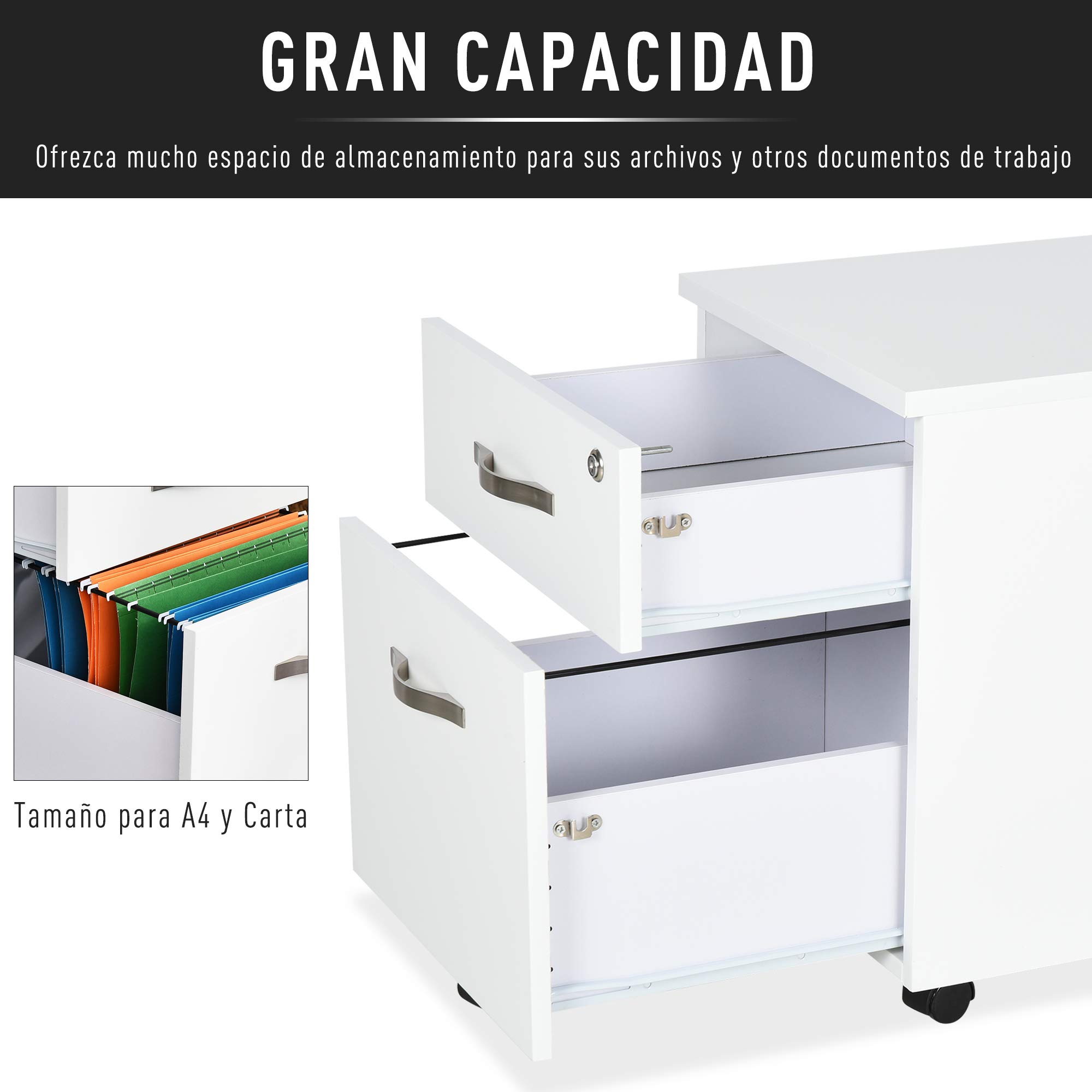 HOMCOM Cajonera de Oficina con Reudas Mueble Archivador con 2 Cajones Llave y Riel Colgante Armario para Oficina Estudio Diseño Moderno 40x45,5x52,5 cm Blanco