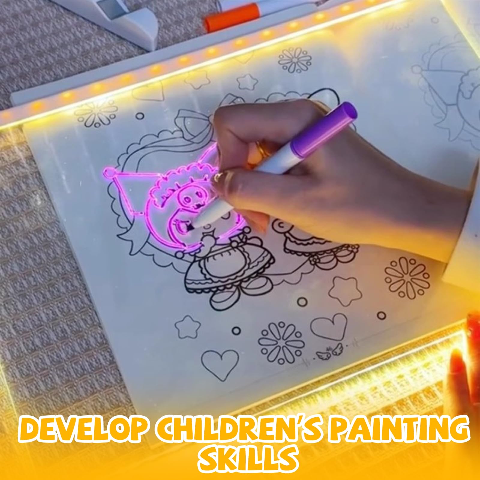 Joycabin Akrylowa tablica na notatki LED, 30 x 20 cm, z pisakiem w 12 kolorach, tablica z diodami LED, tablica do pisania z regulowanym stojakiem, naklejka transferowa, zmywalna