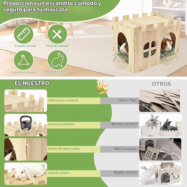 Foto 4 de 8 de Huucozn Casa para Conejos de Madera, Casa de Hamster Madera, Jaula de Mader-a para Cobayas