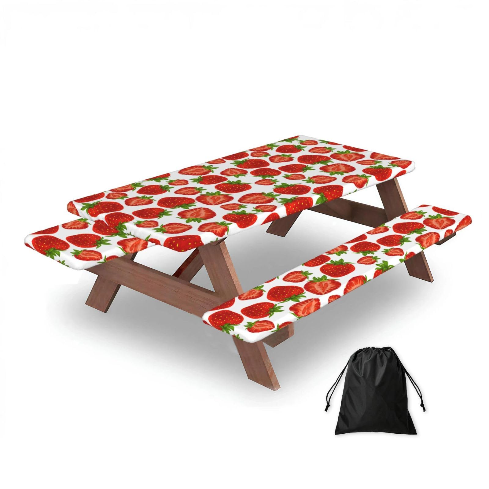 Strawberry Red, Picnic Table Cover With Bench Covers -Waterproof Elastic Fitted Tablecloth for Garden Camping Patio 76x152cm