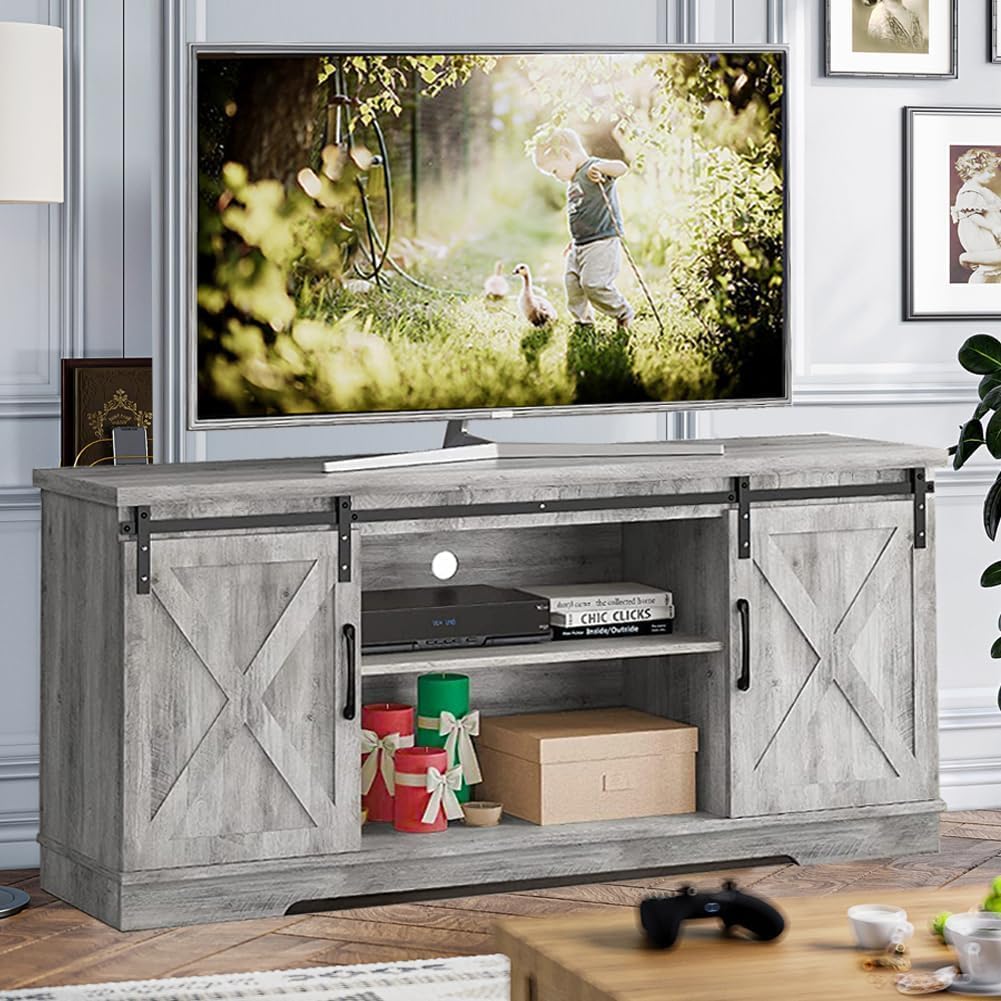 IDEALHOUSE TV Stand Farmhouse Entertainment Center for 65 Inch TV & Media Furniture, Rustic TV Stands with Storage and Barn Doors TV Console Table Under TV Cabinet for Living Room (Rustic Grey)
