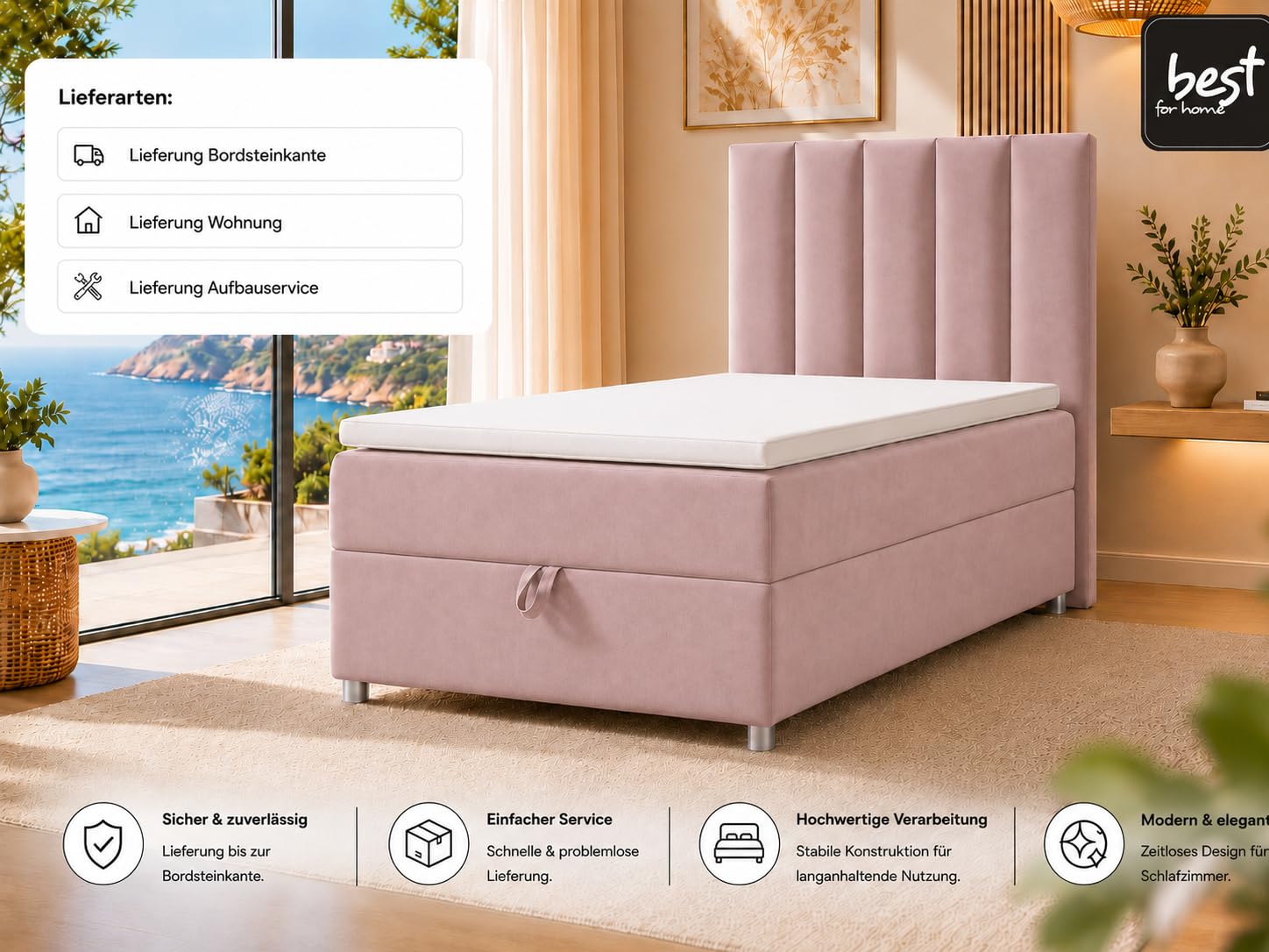 Trinity K10 EinzelBett | Boxspringbett mit Bonell Federkernmatratze 90x200 | MatratzenTopper 90x200 | Bett mit Matratze | Bett mit Stauraum