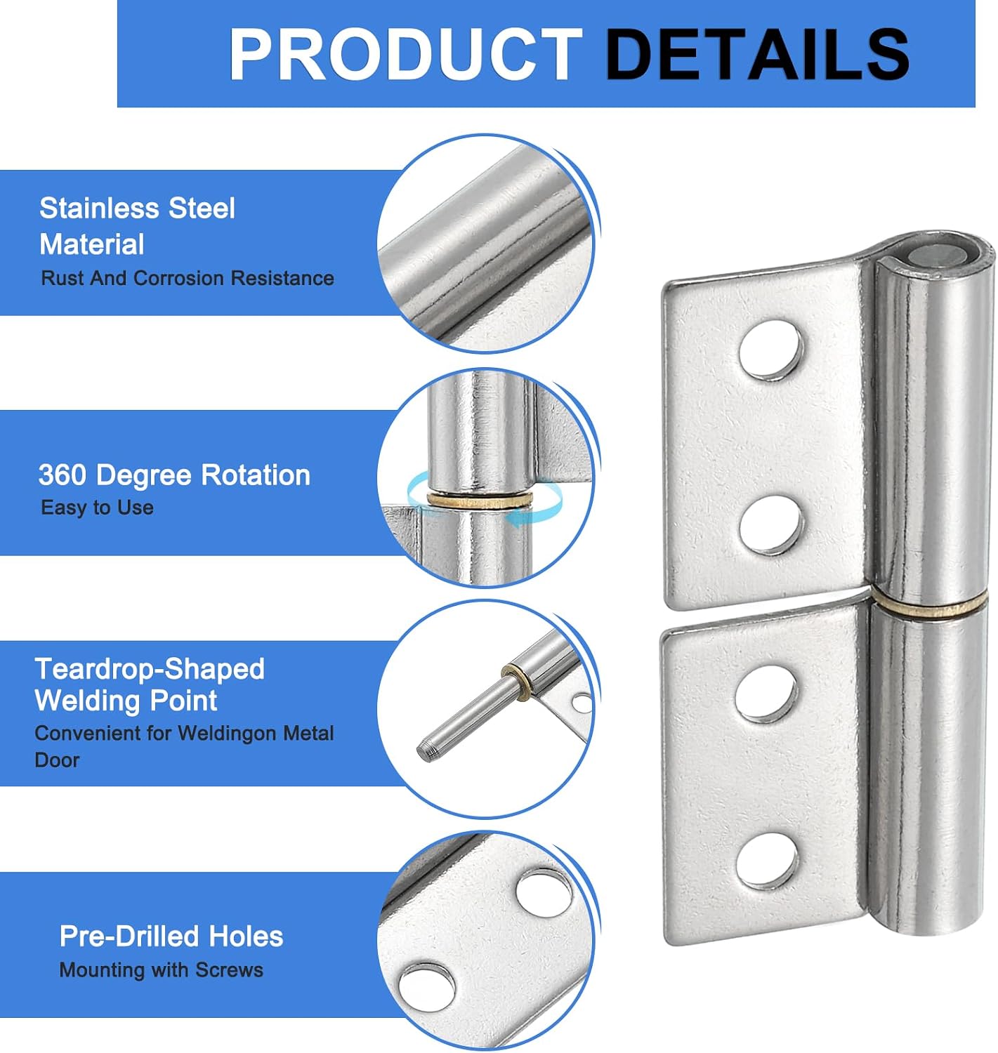 uxcell 12Pcs 2" x 1-1/2" (LxW) 304 Stainless Steel Weldable Hinges with Pre-Punched Lift Off Hinge Flag Hinges Detachable Door Hinges for Metal Gate Swing Door Trailer Ramp, Silver