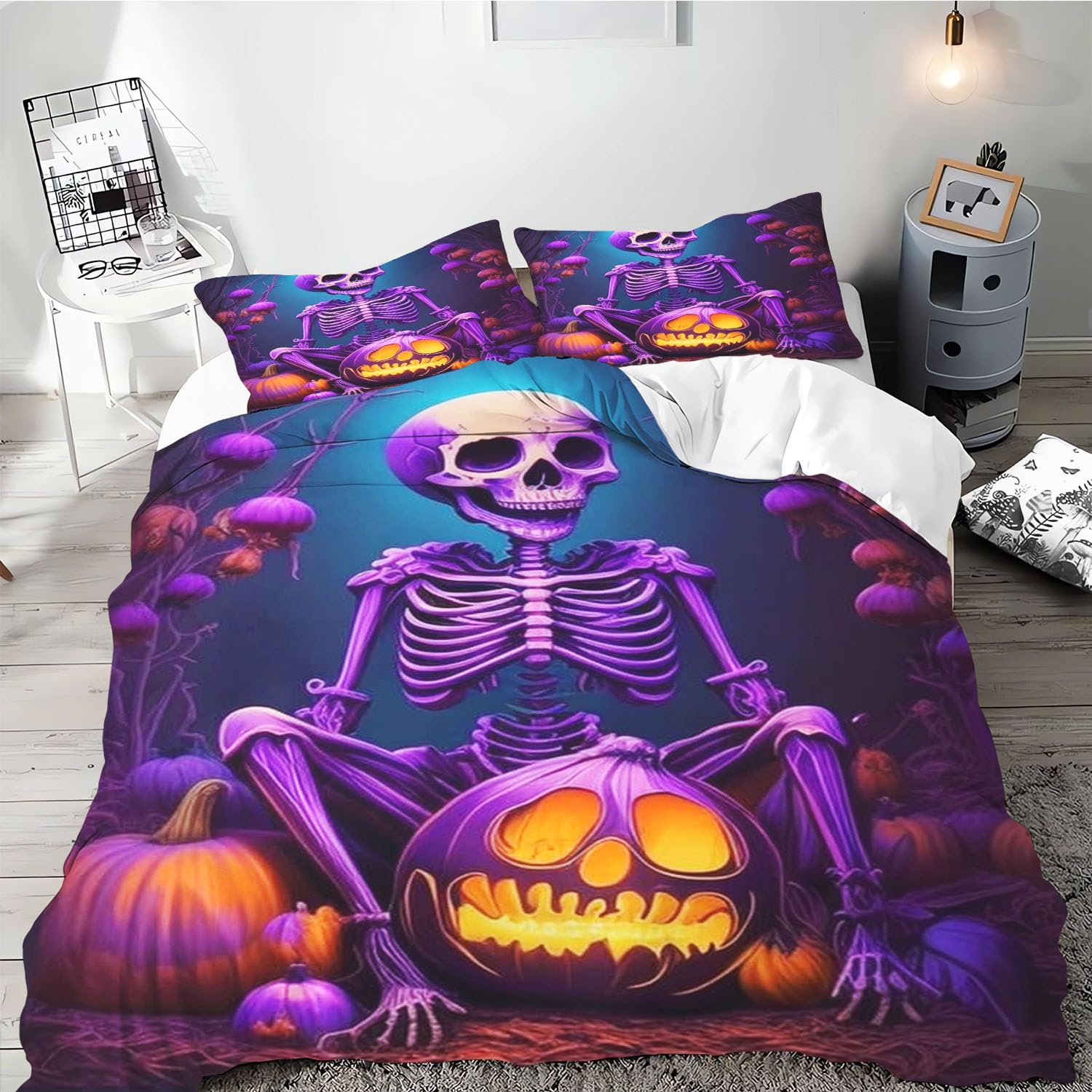 SMchwbc Skull Bed Linen 135 x 200 cm Skull Halloween Ghost Before Christmas Bed Linen Set Microfibre 3D Print Halloween Skull Duvet Cover Set for Teenagers (220 x 240 cm, 10)