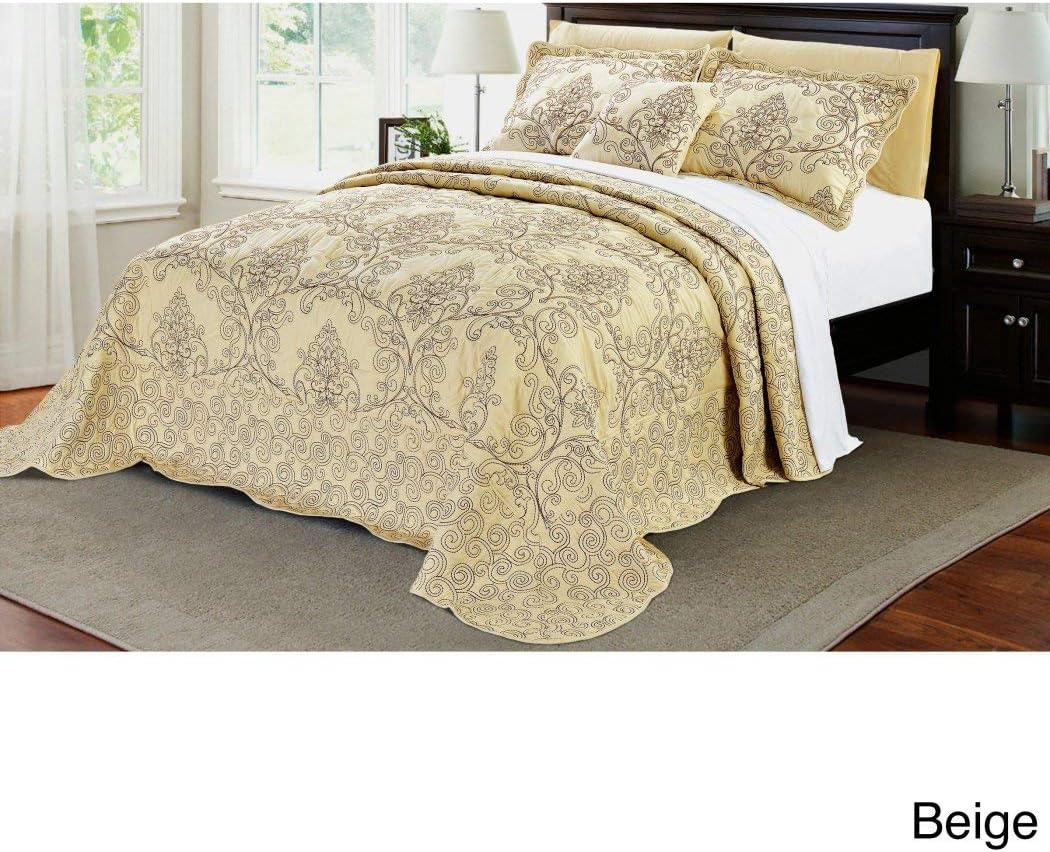 OSD Black 4pc 110 X 120 Light Beige Oversized Damask Bedspread Queen Floor, Hangs Over Edge Floral Bedding Drops Side Bed Frame Drapes Large Extra Wide Long French Country Pattern, Polyester