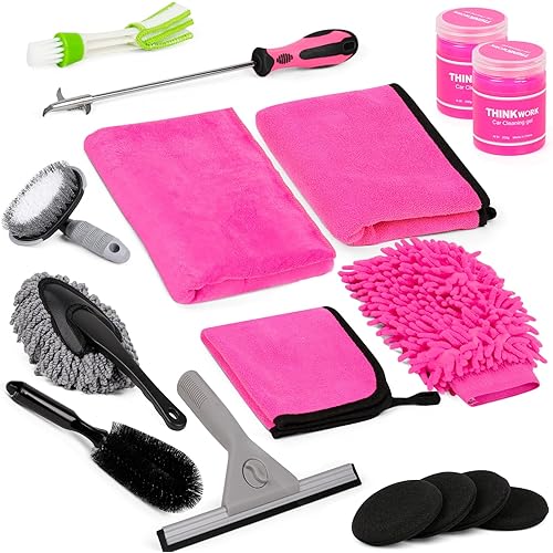 THINKWORK Pink Car Detailing Cleaning Kit, Car Wash Kit, Car Accessories for Women Suitable for Small and Medium Vehicles Such As Cars, Trucks, Suvs(17pcs)