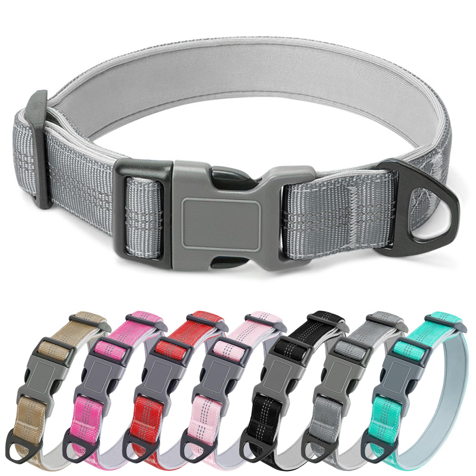 Olcyren Reflective Nylon Dog Collar, Adjustable Soft Padded Dog Collar with Quick Release Buckle, Comfortable Strong Durable Pet Collars for Small Medium Large Dogs Walking (Grey, XL)