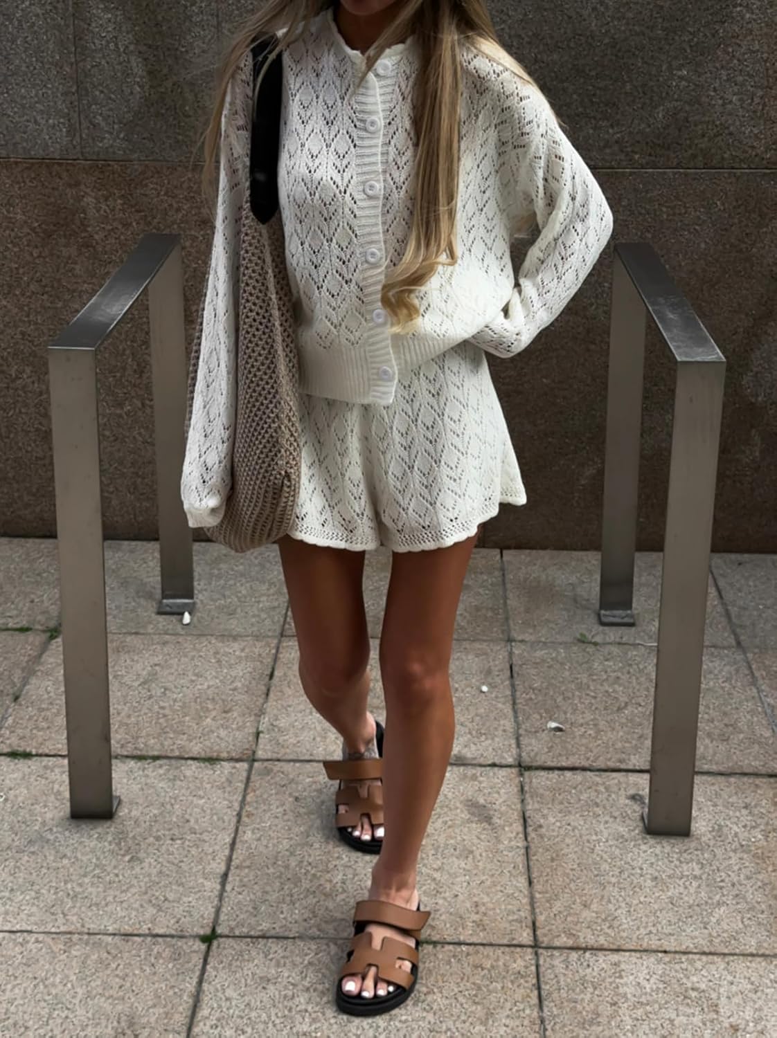 Women Crochet 2 Piece Outfits Set Y2K Long Sleeve Button Down Cardigan+Short Knit Lounge Sets Fall Mesh Streetwear