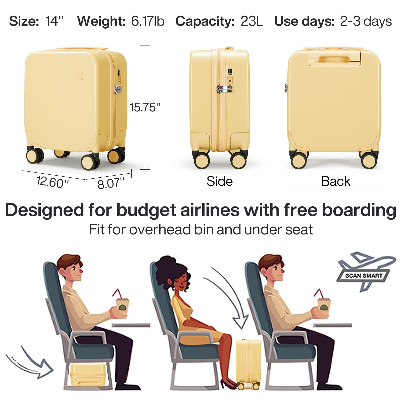14 Inch Underseat Luggage Personal Item Carry on Suitcase, Mixi Spinner Wheels Hardshell Lightweight Rolling Suitcases Yellow PC with Cover & TSA Lock for Short Travel