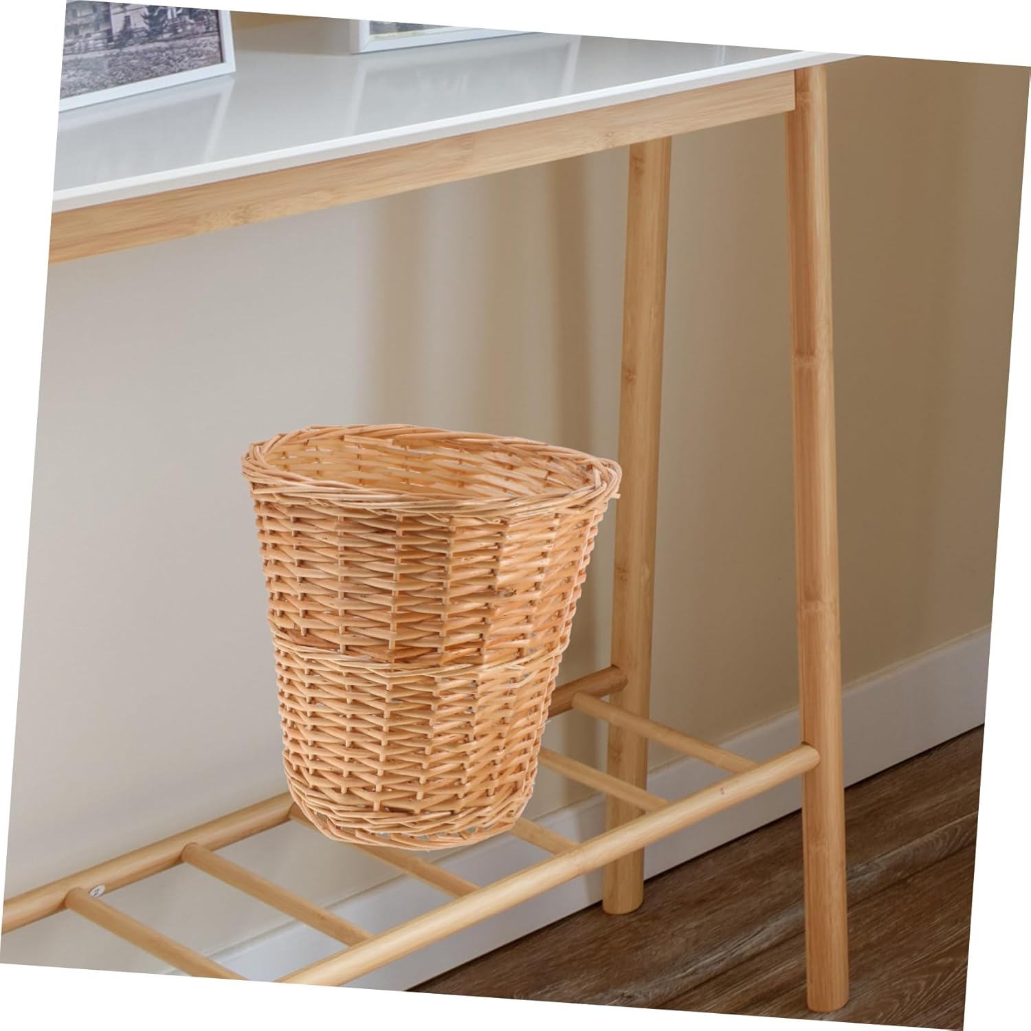 VILLCASE Pastoral Style Woven Trash Can Basket Lightweight Rattan Wastebasket for Home Office Decorative Desktop Storage and Flower Basket Vintage Chic Organizer