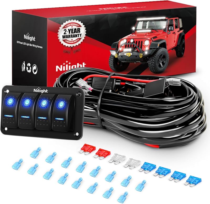 Kit chicote elétrico Nilight com painel de 4 interruptores basculantes LED 12 V para barras de luz