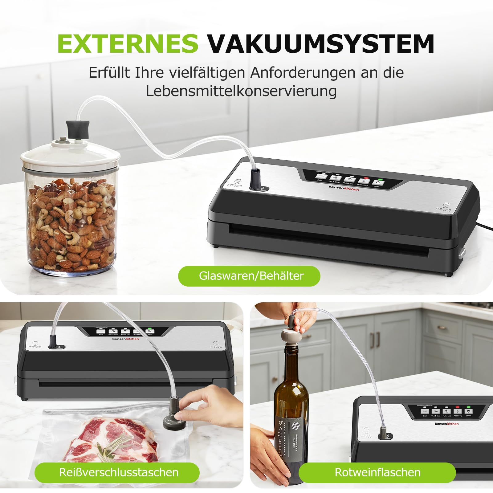 Bonsenkitchen Maszyna do pakowania próżniowego żywności pakująca próżniowa z nożem, kompaktowa do sous vide i przygotowywania posiłków, wiele trybów, czarny