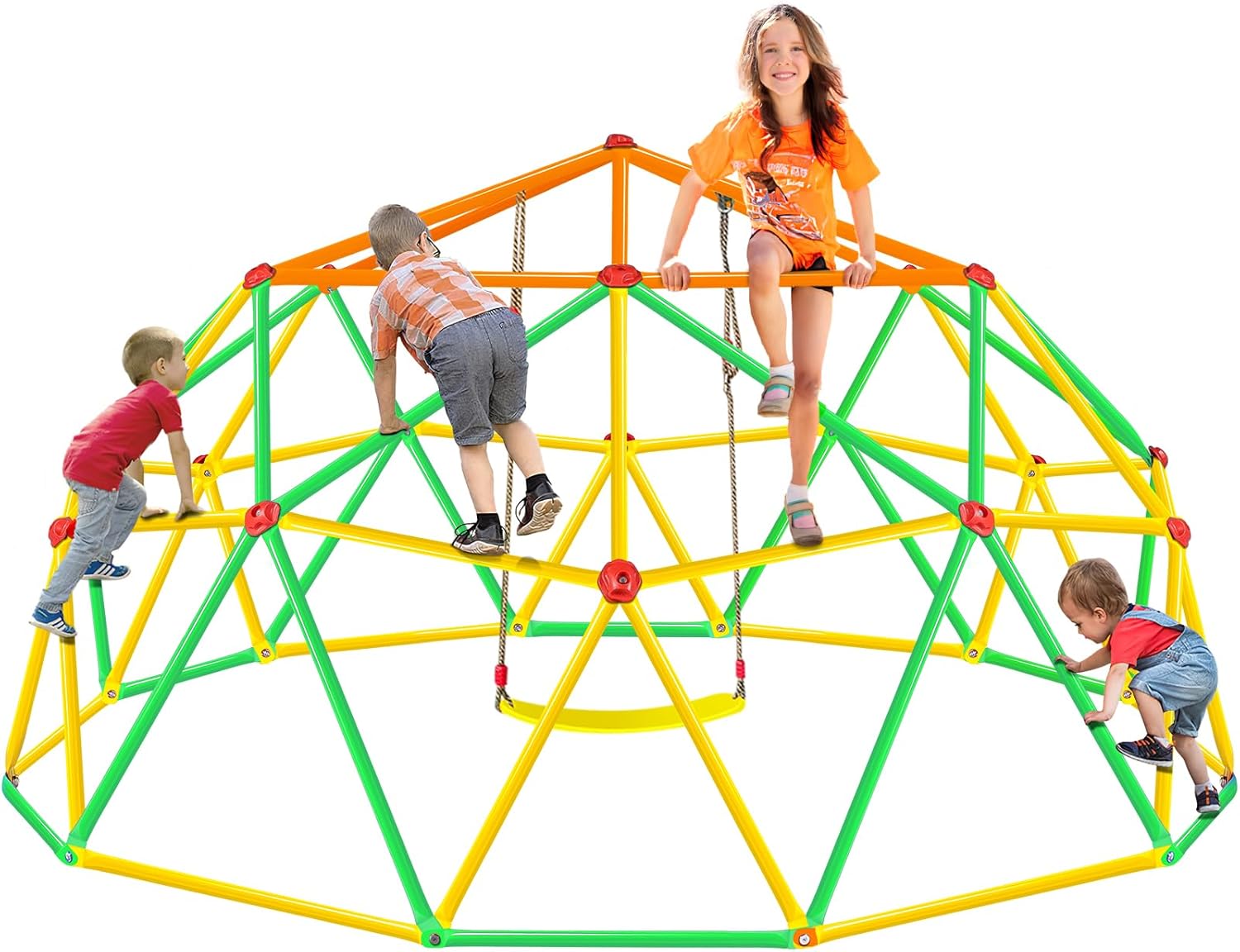 10FT Climbing Dome with Swing, Outdoor Jungle Gym for Kids 3-8, Anti-Rust Metal Geometric Dome Climber Supporting 800 Lbs Outdoor Playset and Play Equipment.