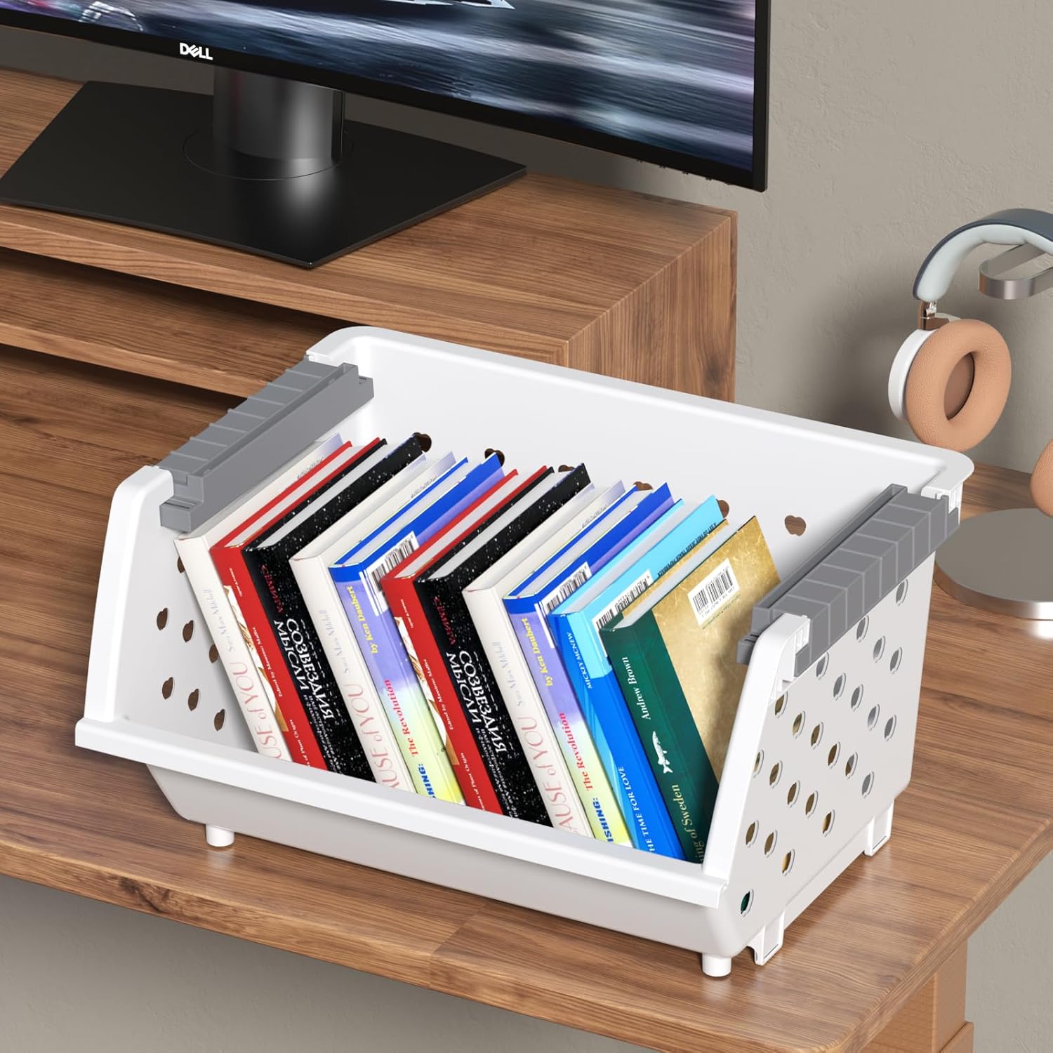 Plastic Stacking Bins, Stackable Storage Basket, White, Set of 3