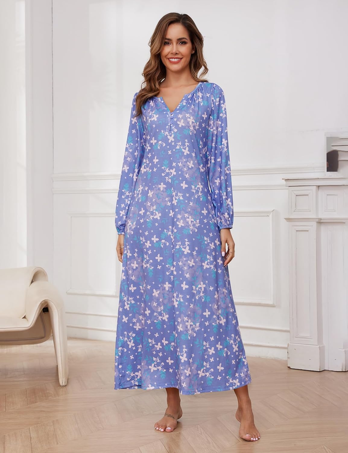 Marvmys Womens Long Sleeve Nightgown Soft Cotton Long Pajama Dress with Pockets Purple Floral S - Image 7