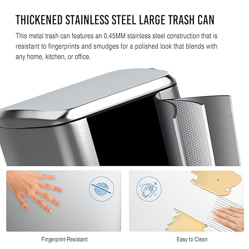 Miniatura 4 de Cubo de basura grande con pedal de 13 galones con tapa silenciosa de cierre suave, cuerpo grueso de acero inoxidable con 30 bolsas de basura para