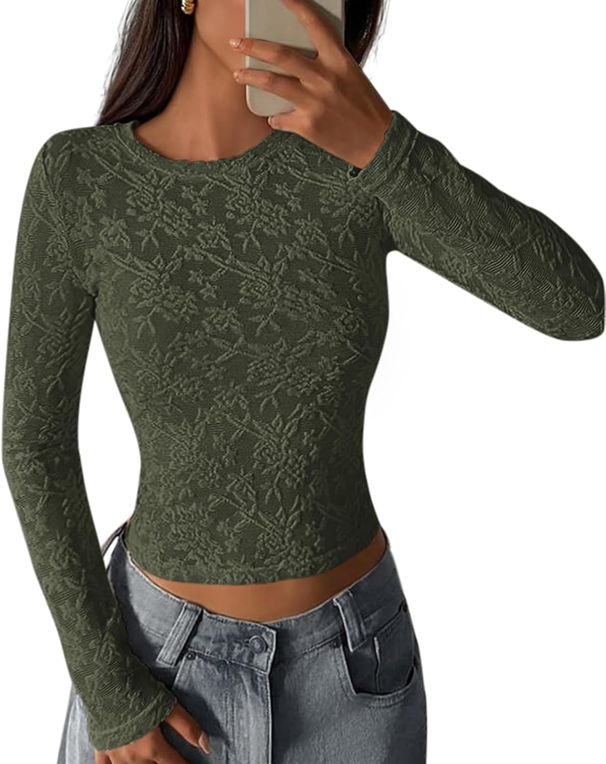 PRETTYGARDEN Women’s 2025 Fall Long Sleeve Lace Dressy Casual Blouses Crewneck Slim Embroidered Fashion Mesh Tops Shirts