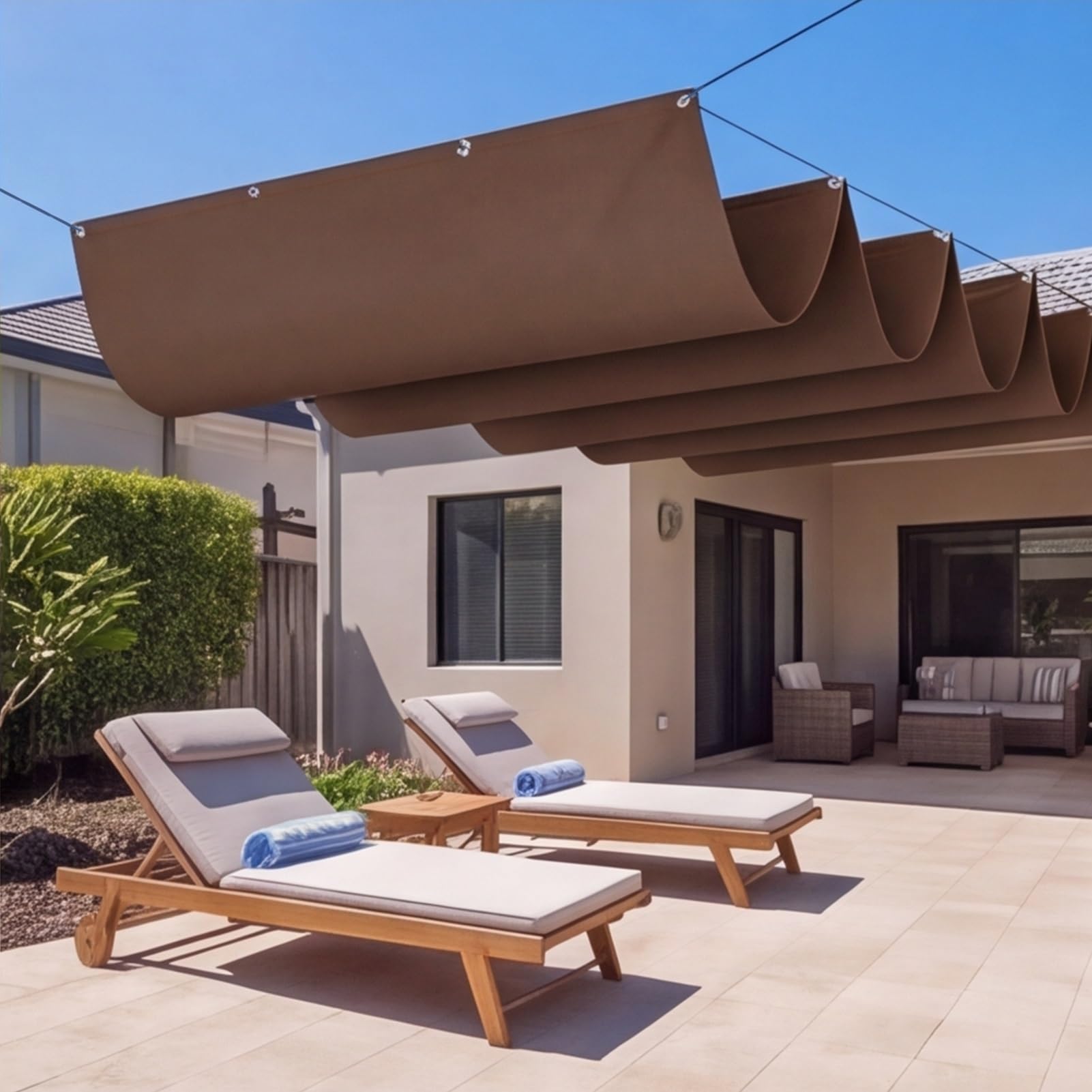 Voile d'ombrage rétractable vague anti-UV brun pour pergola terrasse extérieur