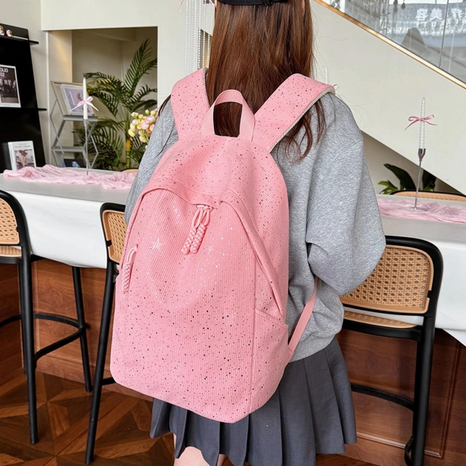 Zaino in Corduroy Macchiato Rosa, Borsa Scolastica Studentesca Casual di Grande capacità per Le Donne Viaggi Giornalieri-White