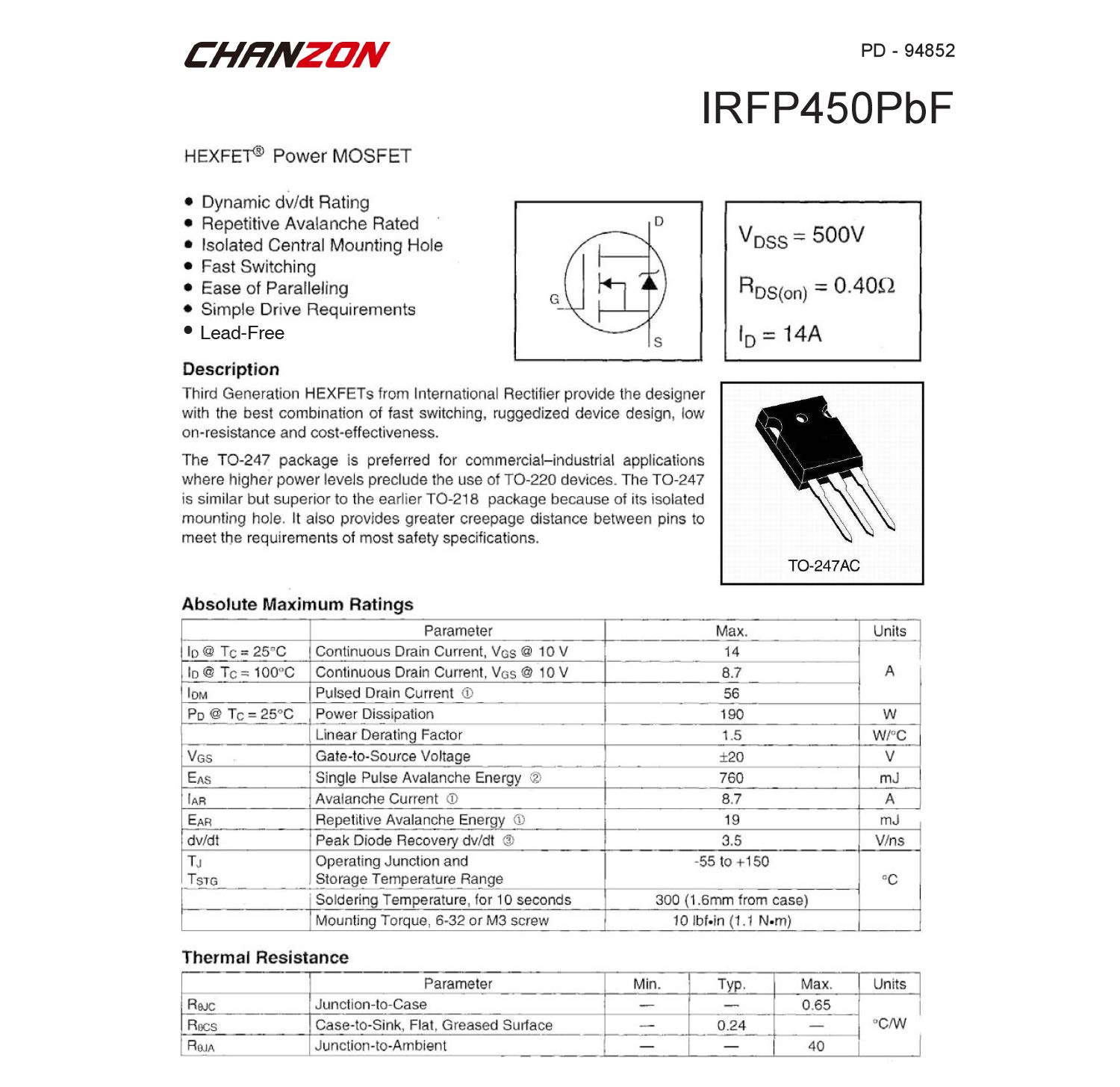 Irfp 450 Datasheet 5 Transistores IRFP450 TO247 - Ideal Para