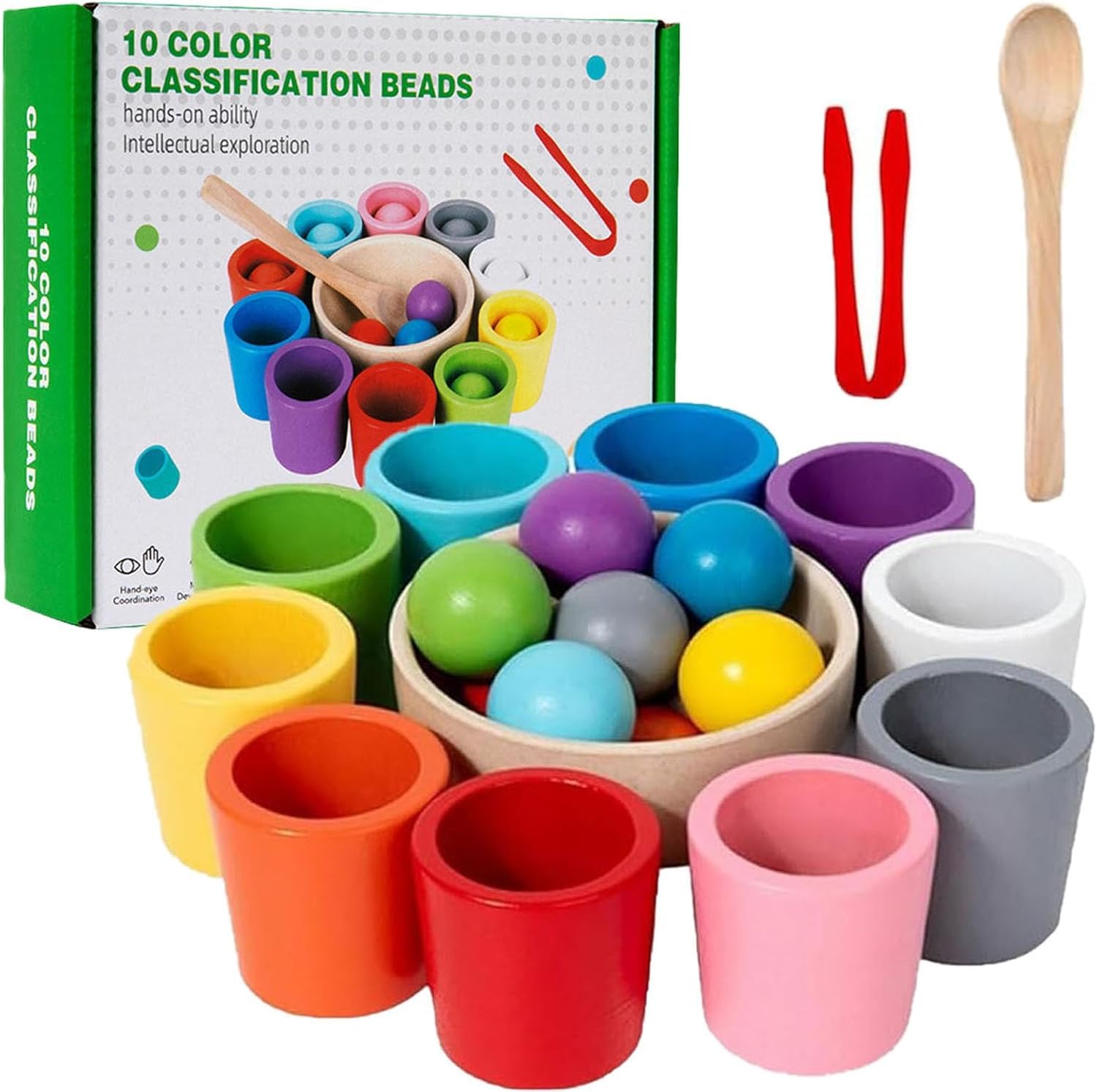 Azazaza Colour Sorting Cups, Wooden Rainbow Balls Stacking Cups, Fine Motor Skills Counting Learning Games, Montessori Colour Matching Toys for Toddlers 3 4 5 6