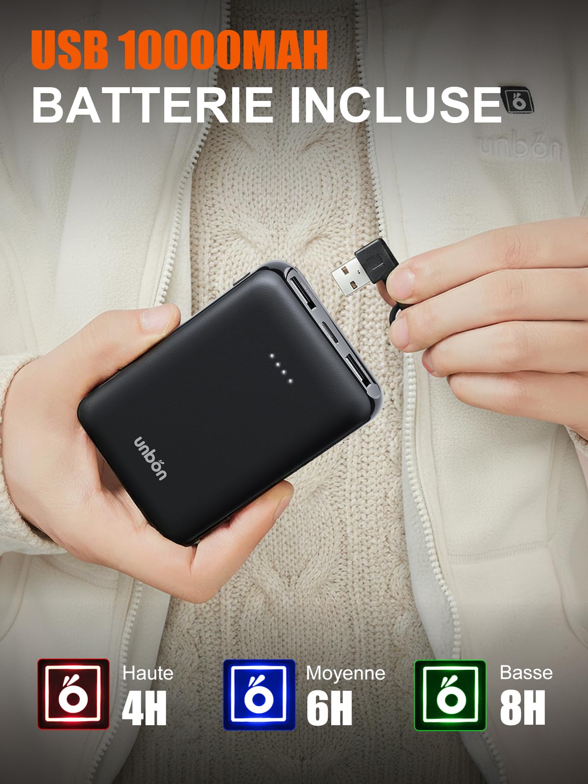UNBON Gilet Chauffant Femme avec Batterie Incluse USB 10000mAh, Veste Chauffante Femme avec 3 Températures 6 Zones Chauffage, Veste Polaire Chauffante sans Manche, Gilet Chauffant Électrique Blanc S