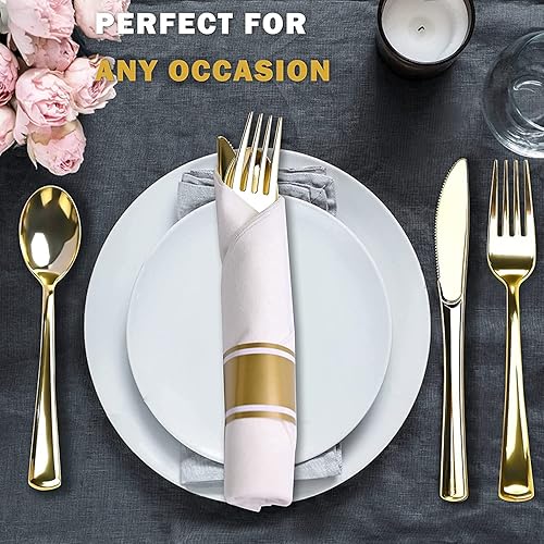 Miniatura 6 de Juego de cubiertos de plástico dorado preenrollado, paquete de 300 cubiertos de plástico envueltos con servilletas, tenedores, cuchillos y cucharas,