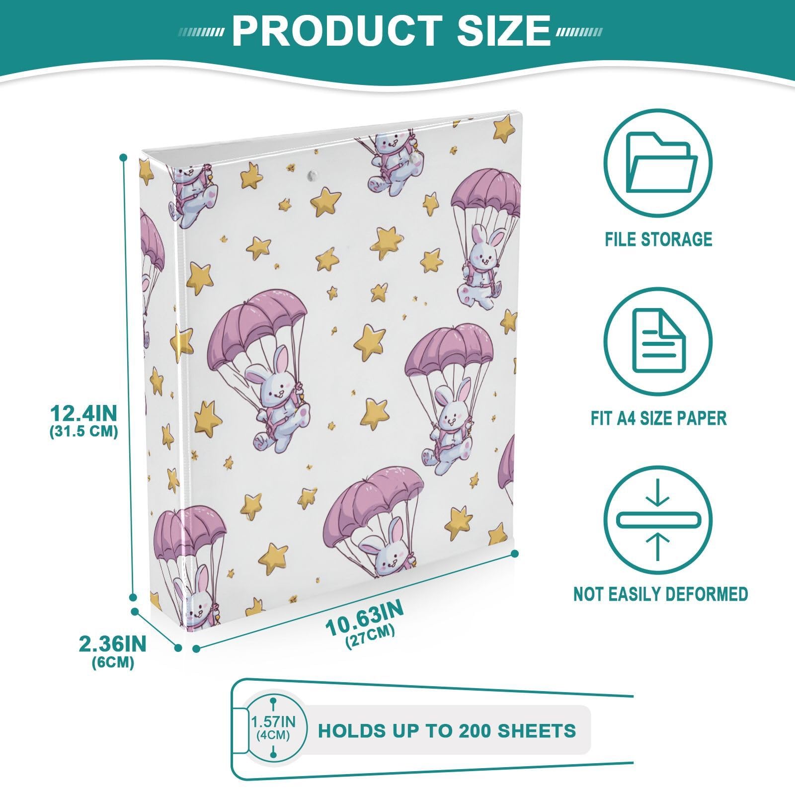 Kcldeci Raccoglitore a 3 anelli con copertina rigida, motivo: coniglietto con paracadute e stelle, 3,8 cm, 200 fogli, per ufficio, casa, rientro a scuola, confezione da 2