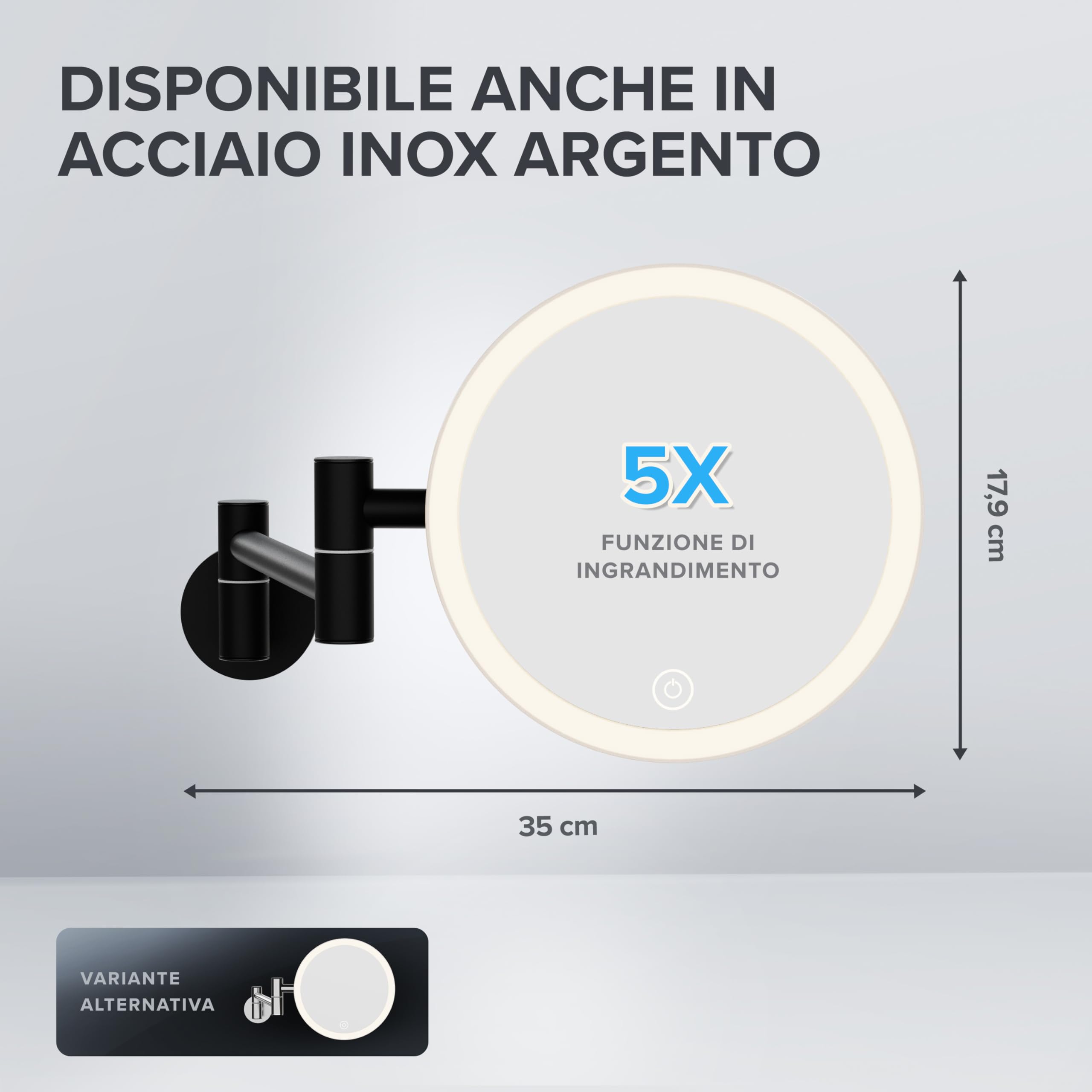 ovimar specchio cosmetico Leinoya | con illuminazione | ricaricabile | da parete per forare | in bagno | specchio ingranditore 5x | specchio per il trucco con luce | specchio a 360 gradi