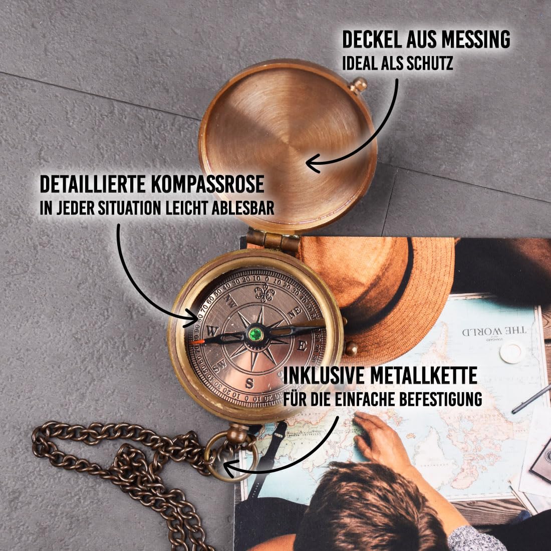 polar-effekt Bronze Metall Kompass mit Gravur - Geschenke für Frauen & Männer - Taschenkompass für Outdoor & Camping - Wanderkompass mit Metallkette
