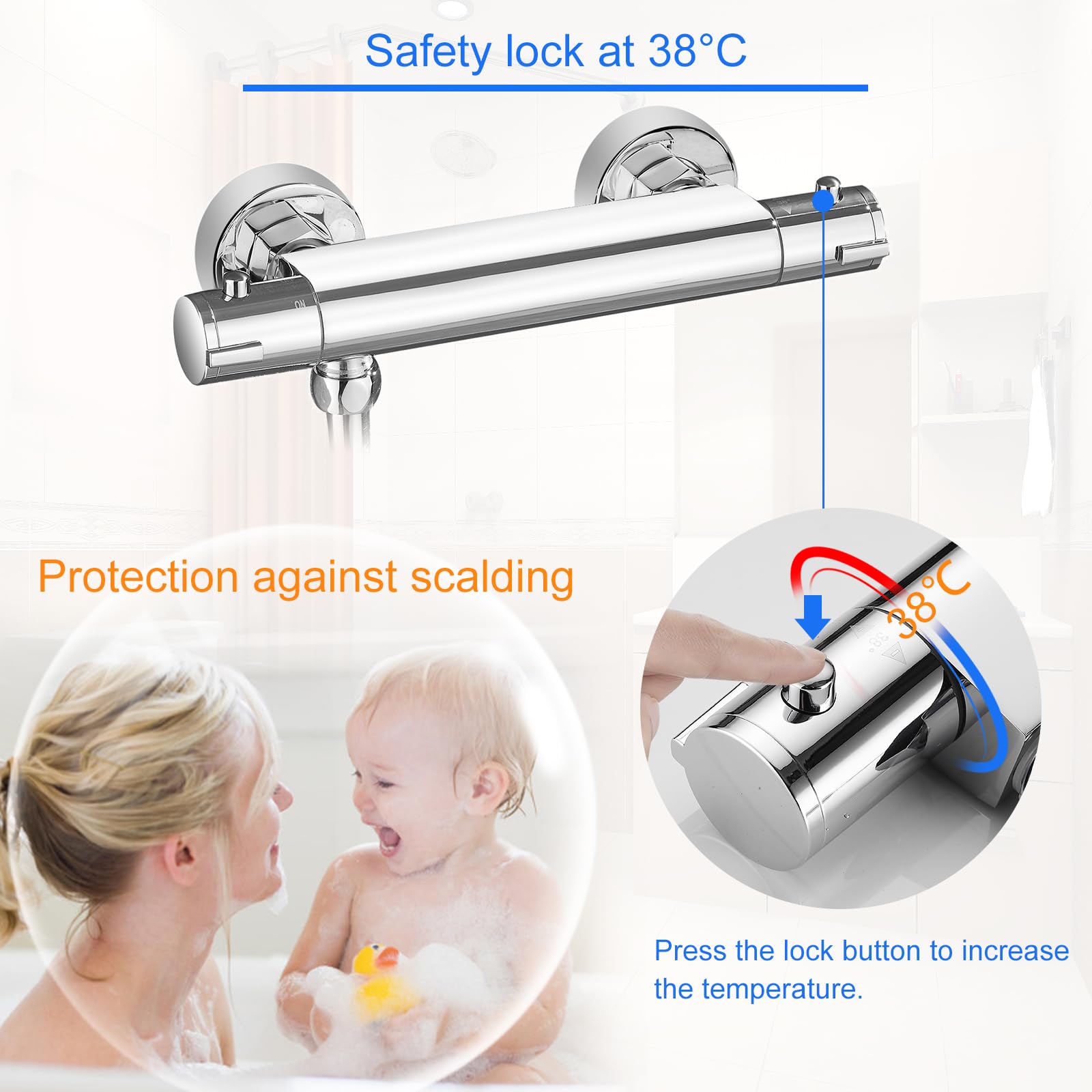 Mitigeur Thermostatique Douche, Anti-BrûLure Avec Bouton De Sécurité 38 ℃ Thermostatique Douche En Laiton, Chromé, Raccord Fileté 1/2", Montage Mural