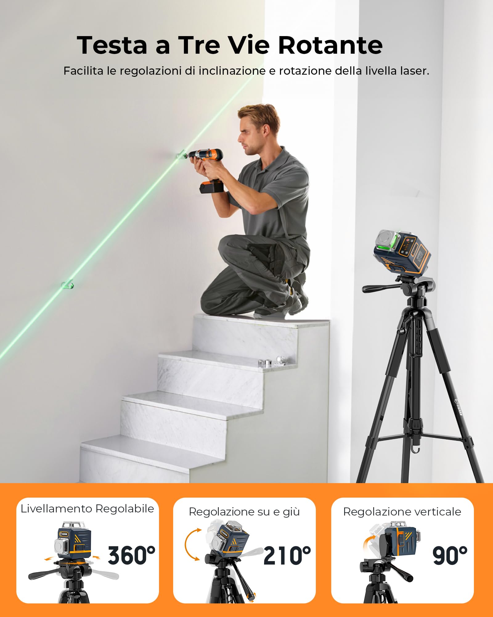 CIGMAN Treppiede 1,5 m Treppiede in alluminio per livella laser, con livella a bolla, con filettatura maschio da 5/8 "-11 e adattatore per vite da 1/4" -20, Borsa per il trasporto inclusa - CTP01