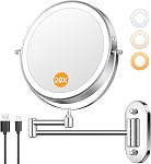 Auxmir 20X/1X Miroir de maquillage mural rechargeable, 8" Miroir grossissant double-côté avec lumière, 3200mAh Miroir de Vanité éclairé avec 3 Modes de couleur, tactile variable, 360° Bras étendu pivotant, Chrome