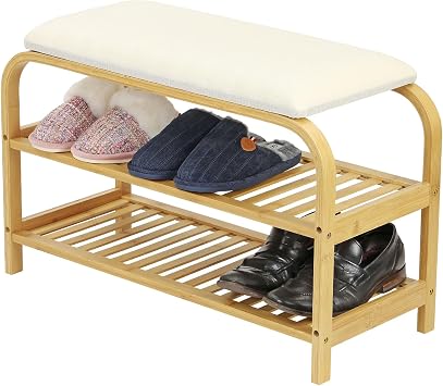 Taylor & Brown Bamboo Shoe Storage Bench with Cushion, 2 Tier Shoe Rack with Padded Seat, Shoe Organiser Cabinet for Entryway, Living Room, Hallway, Closet, Bedroom, W30 x L70 x H47cm