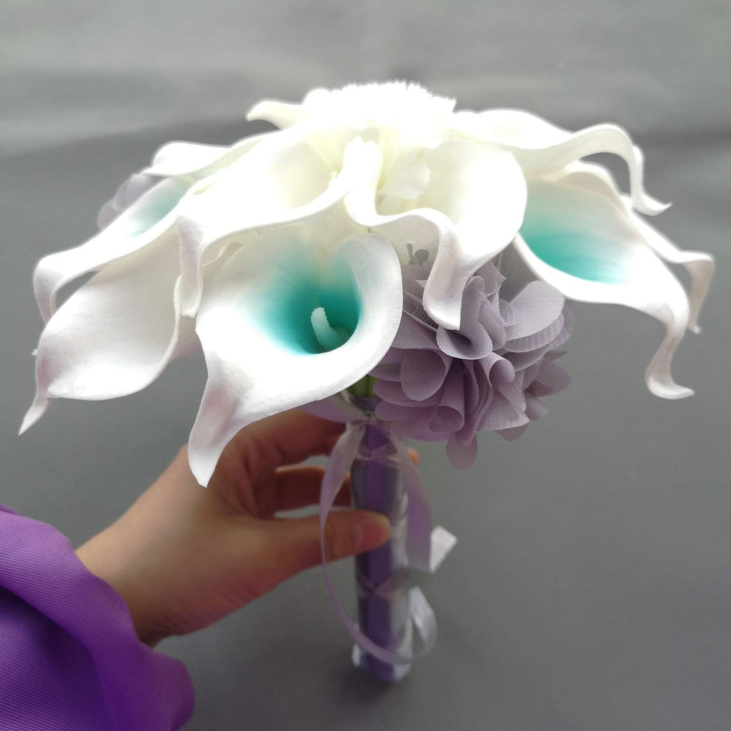 Artificial Wedding Flower Set Turquoise Picasso Calla Lily with Silk Carnation and Hydrangea (Bouquet 15WTG)