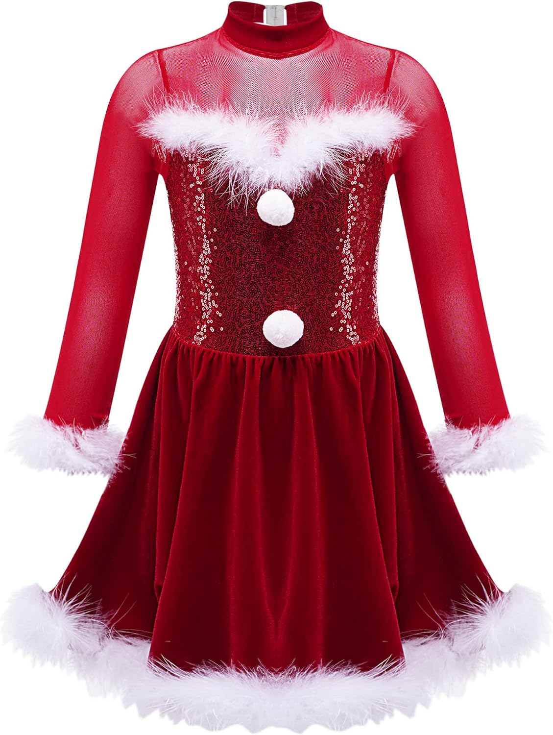 Agoky Kids Girls Mesh Long Sleeve Sequin Velvet Dance Dress Ballet Figure Ice Skating Dress for Christmas