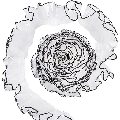 FINGERINSPIRE 6 Yards Ruffled Pleated Lace Fabric 1.6 inch Wide Organza Ruffled Lace Trim Polyester Black & White Matching Lace Wavy Ribbon for Dress Collars Headwear Craft Decoration Gift Wrapping