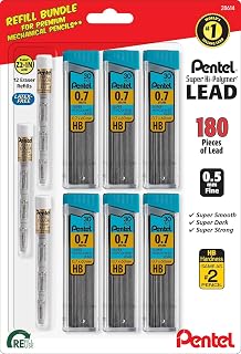 Pentel Super Hi-Polymer 0.7mm HB Lead Refills Bulk Pack: 180 Leads + 12 Latex-Free Erasers for Mechanical Pencils