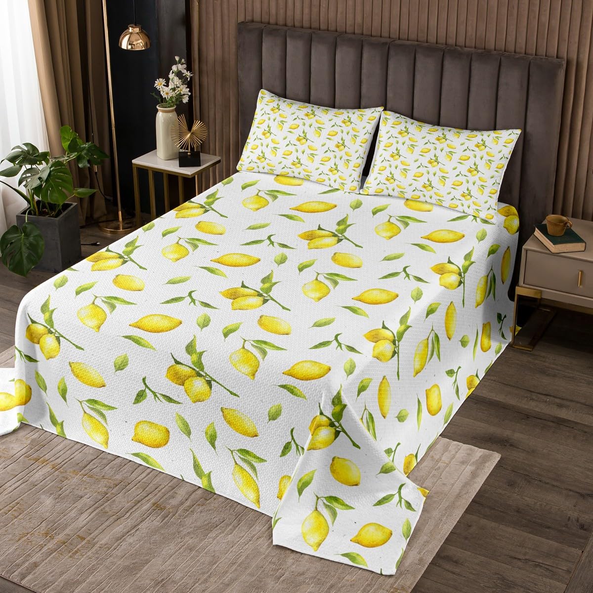 Feelyou Lemon Print Coverlet Set Queen Size Lemon Botanical Bedspread for Kids Boys Girls Decor Leaf Quilted Coverlet Microfiber Summer Fruit Quilted Bedroom