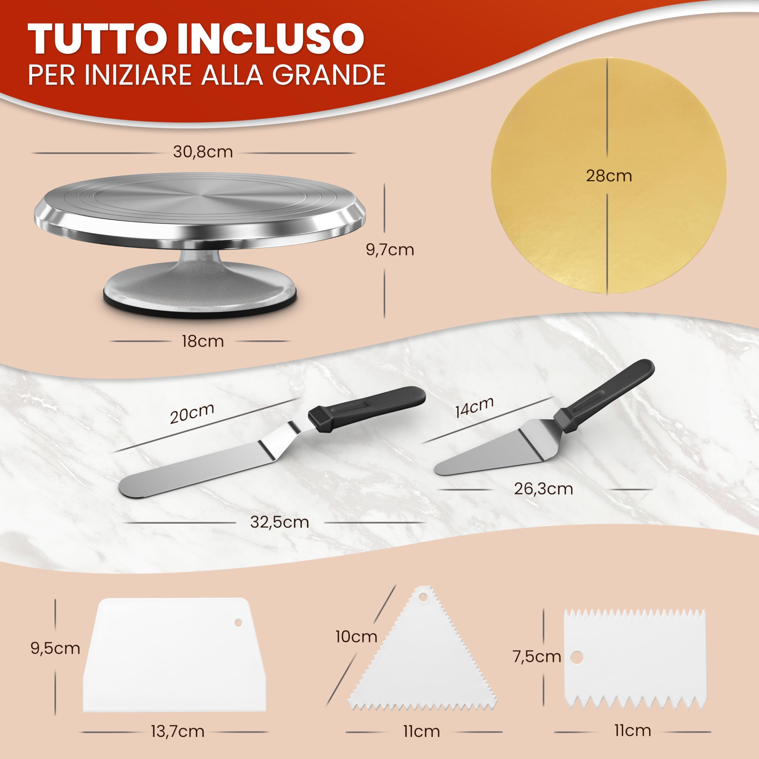 Piatto girevole per torte Set – Giratorta Professionale da 30 cm in alluminio con base antiscivolo incl. 2 palette angolari e 3 spatole da pasticceria in acciaio inossidabile