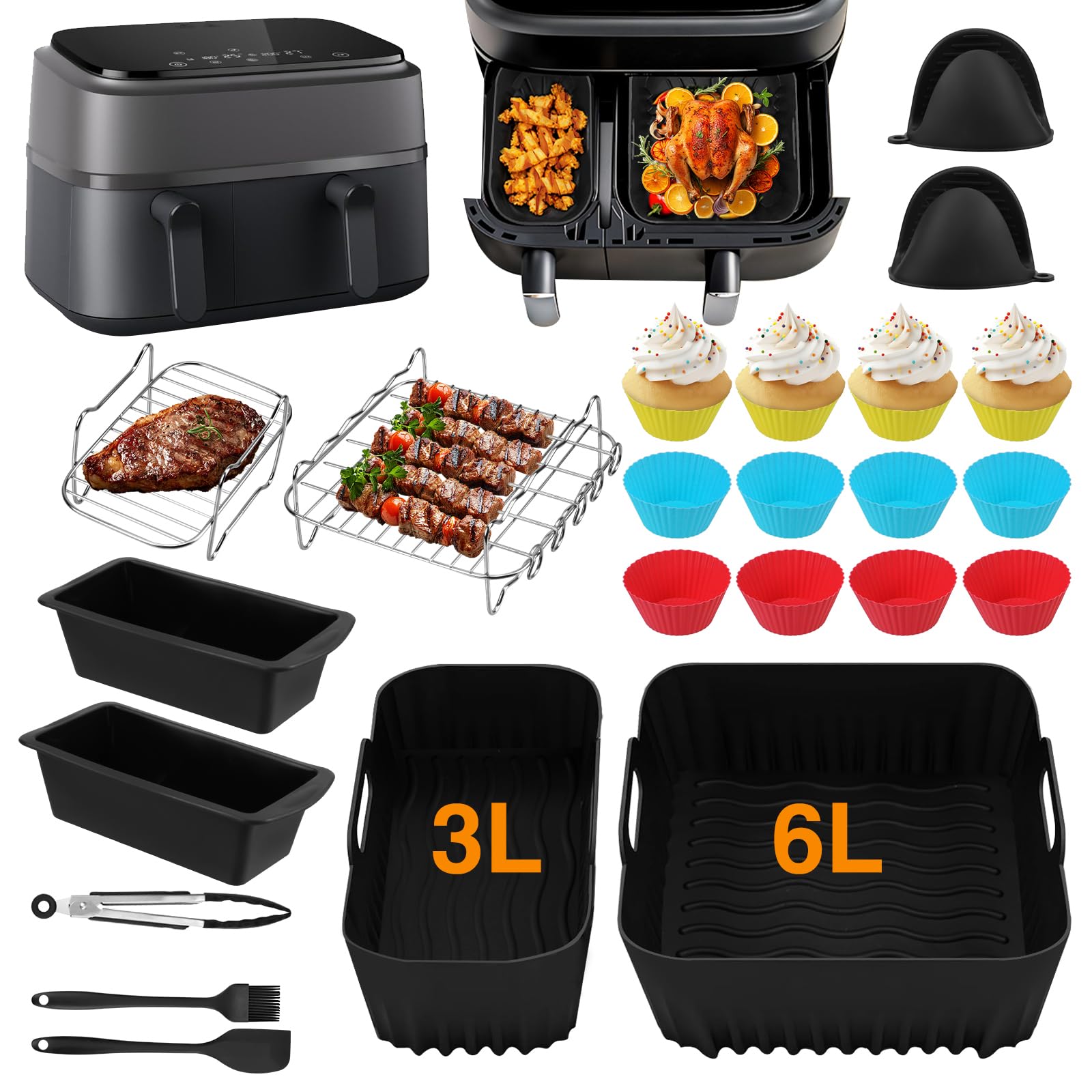28 Stück Airfryer Zubehör,Heißluftfritteuse Zubehör Set für Philips | Dual Basket Airfryer 3000/5000 Serie (6L/3L),Dual Easy 5,2L/3,1L,Heißluftfritteusen Silikonformen, Grillrost, Backform,Küchen